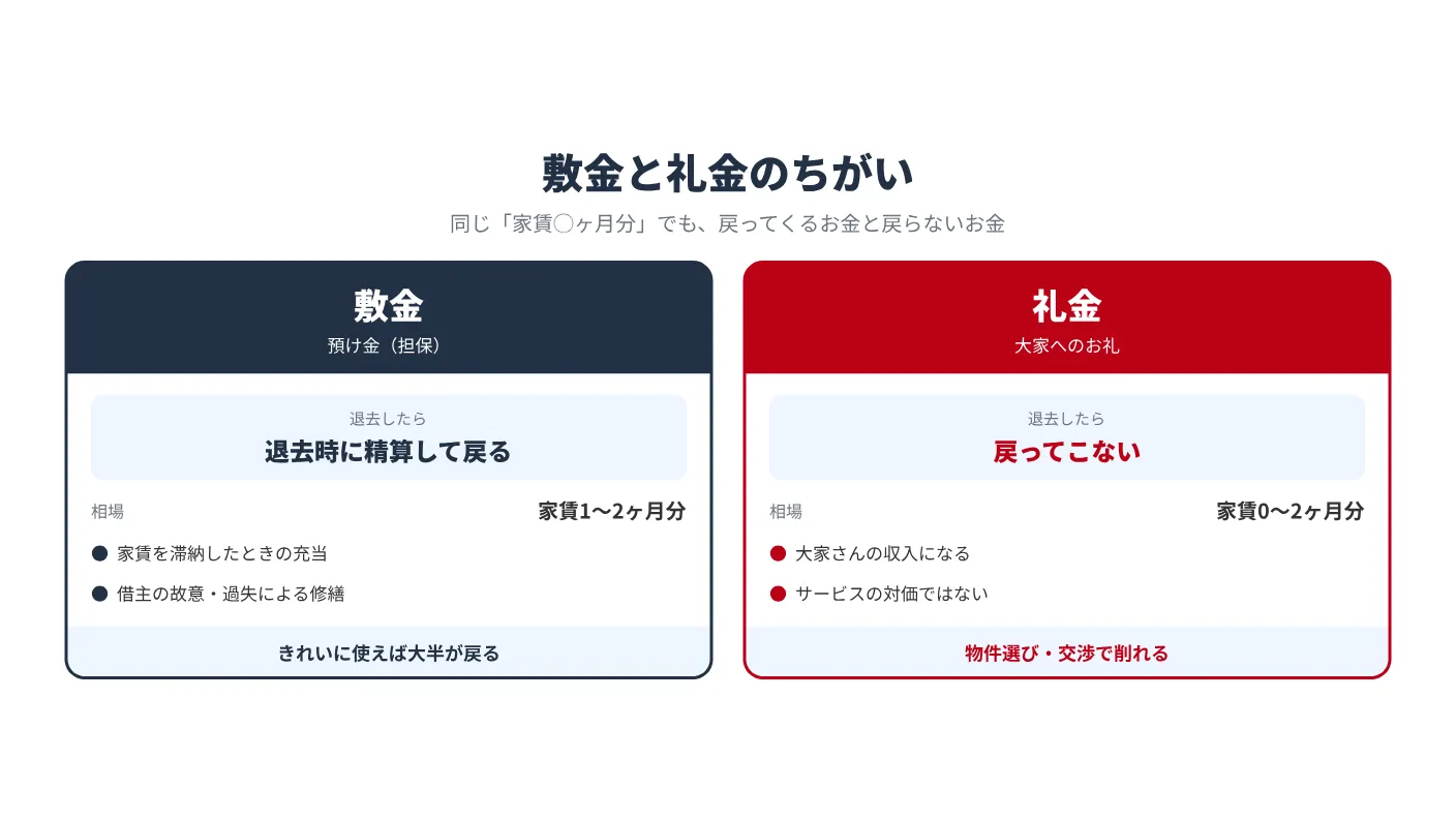 敷金と礼金の違いの図。敷金は預け金で退去時に精算して戻る、礼金は大家へのお礼で戻ってこないことを対比